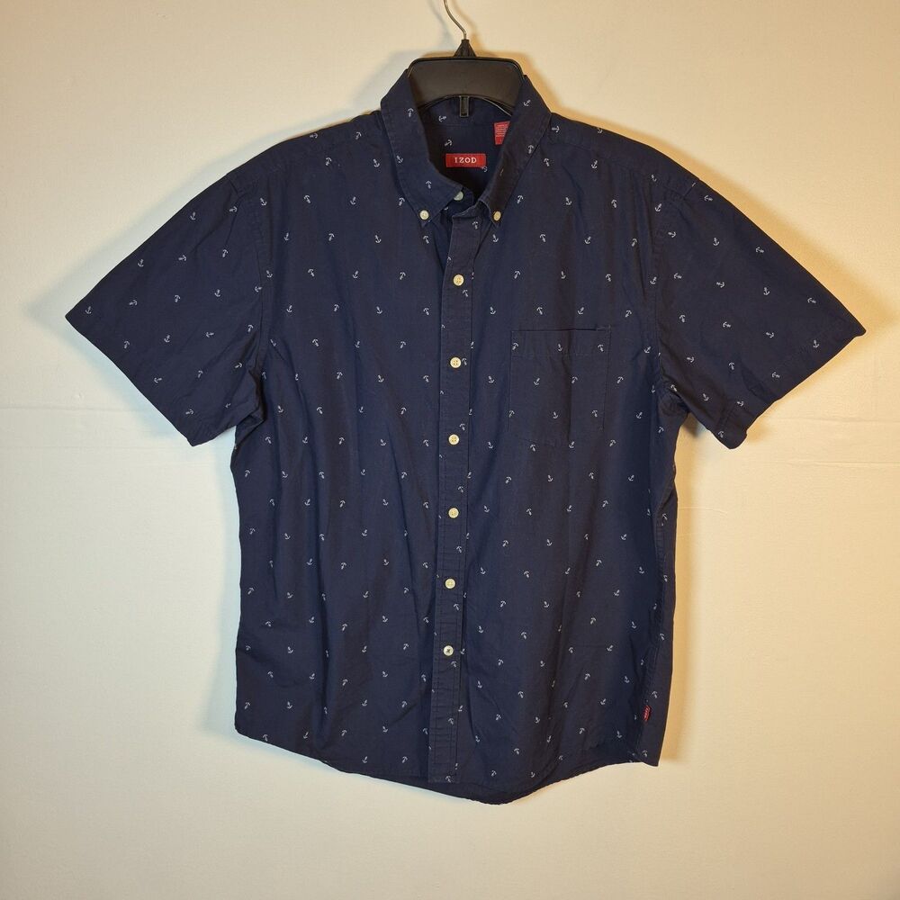 Izod Men's Anchor Shirt Size L Blue Button-down Short Sleeve 100% Cotton